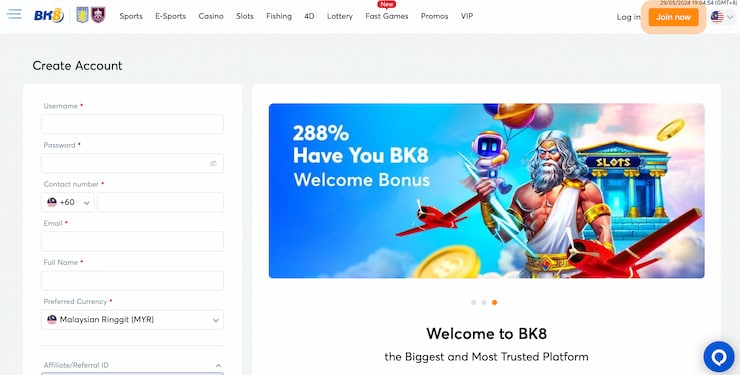 BK8 Registration Page